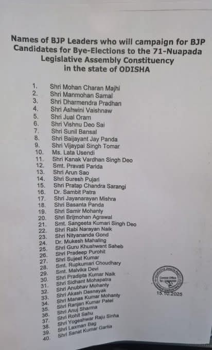 ନୂଆପଡ଼ା ଉପନିର୍ବାଚନ: ୪୦ ଜଣିଆ ଷ୍ଟାର ପ୍ରଚାରକ ତାଲିକା ଗୋଷଣା କଲା ବିଜେପି।